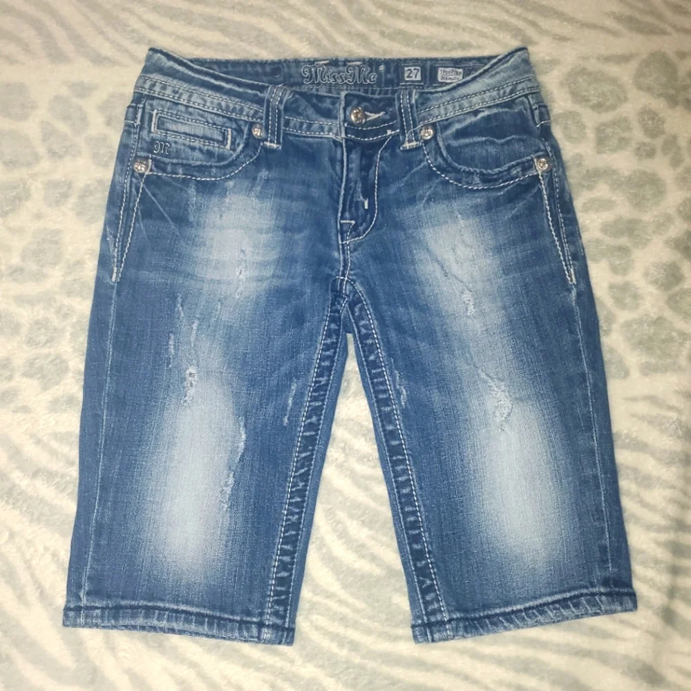 Miss Me Bermuda jean shorts with rhinestones peace sign on back pockets …